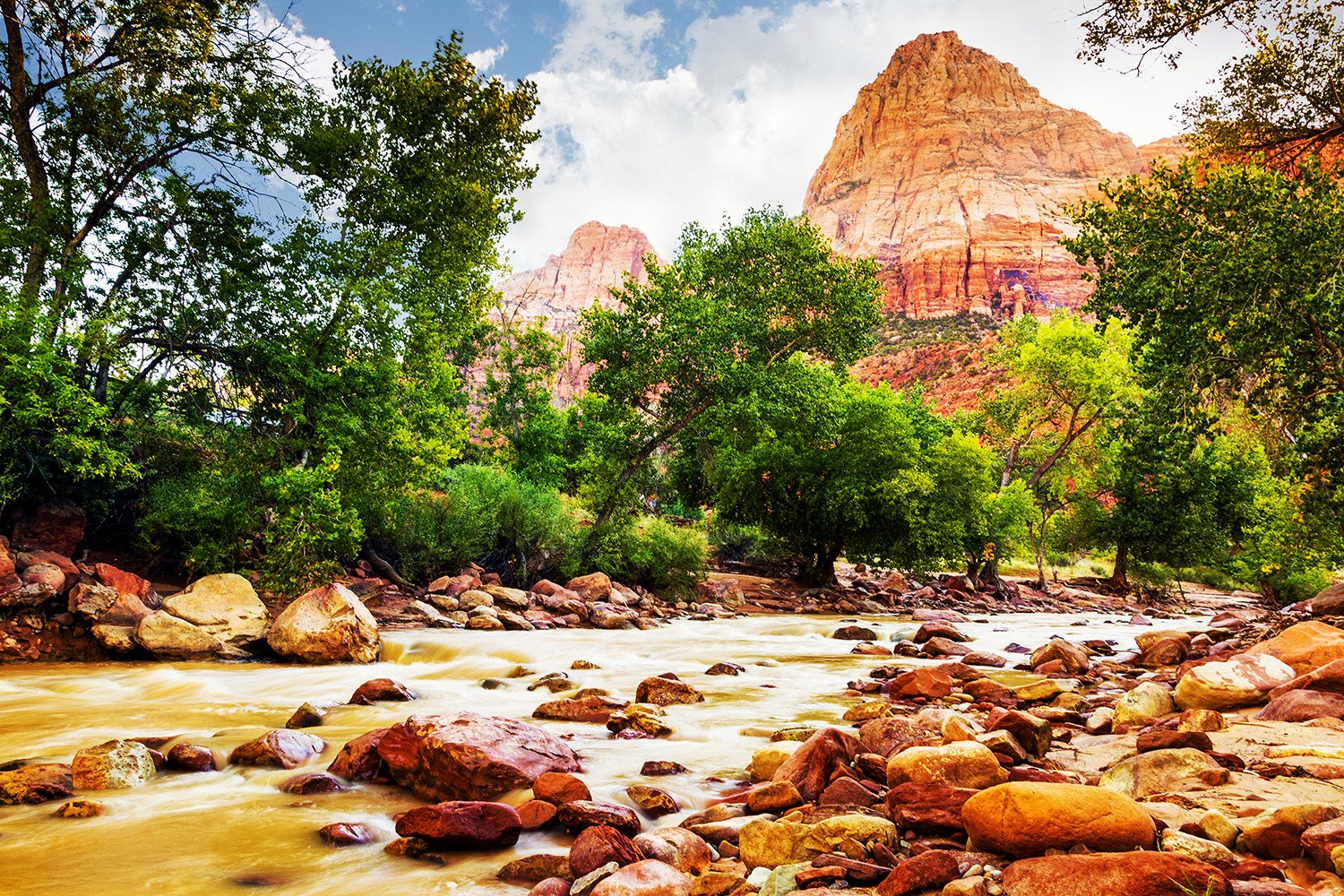 The North Fork Virgin River along the Pa'rus and Watchman trailheads in Zion Canyon Nation Park, Utah, USA